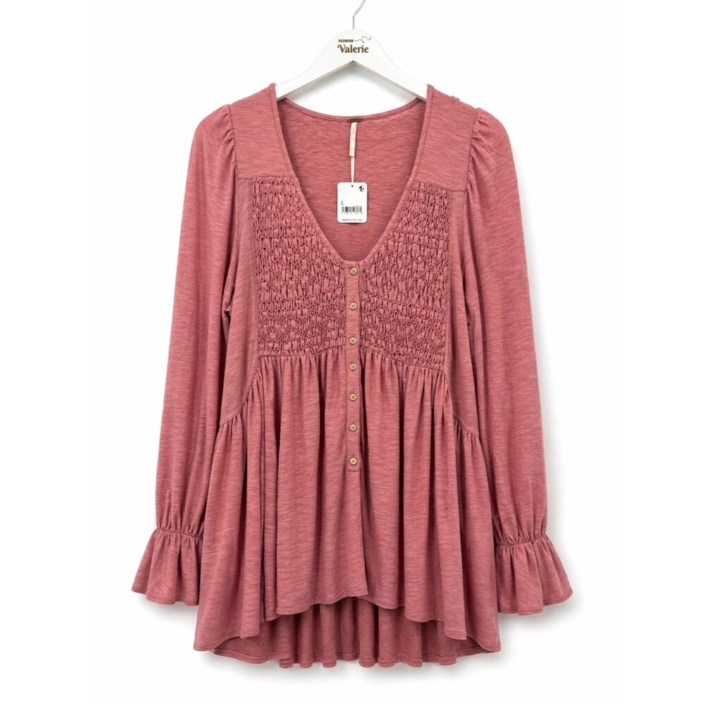 Free People Pink Tunic Top Flowy Peasant Sleeve Boho Mini Dress Size Large